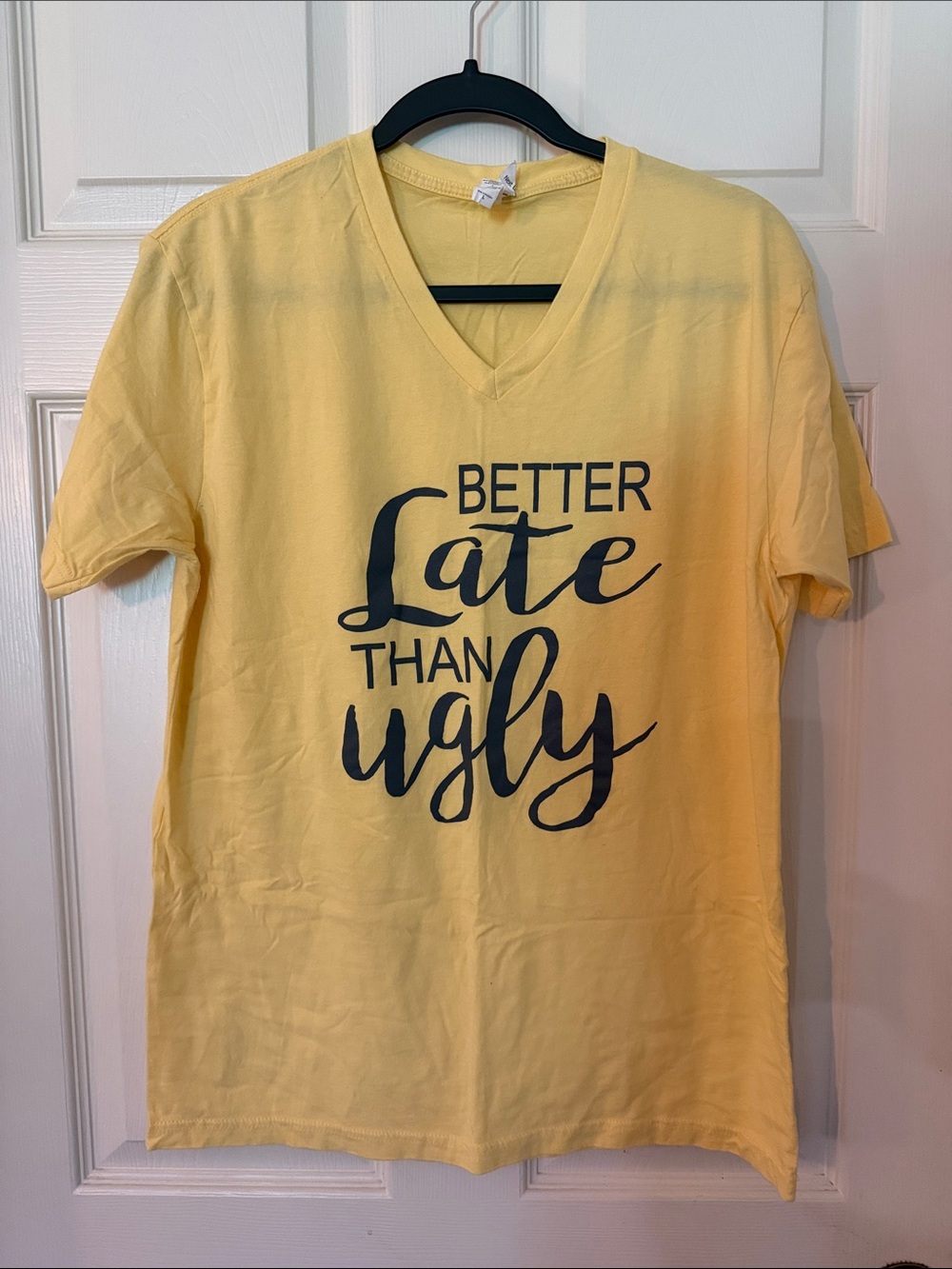 Next Level Apparel Yellow V-Neck Graphic Tee with Dark Gray Script
